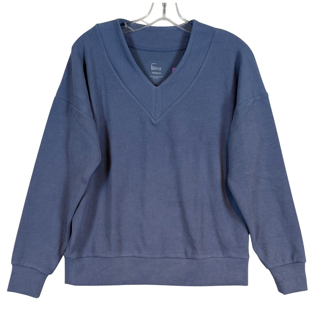 Felina Womens Blue Stonewash Ribbed V-Neck Long Sleeve Pullover Top XS NEW Layer